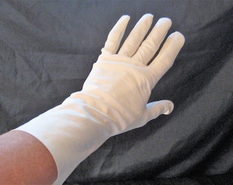 Vintage long white leather gloves in original package with box, Miss Aris, formal party gloves, mid century, 1960s, mid length, size 7