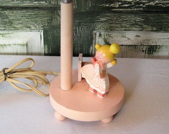 Vintage pink wood lamp for nursery, Mom baby in crib, little girls bedroom lamp, mid century 50s 60s, accent table lamp, made in USA