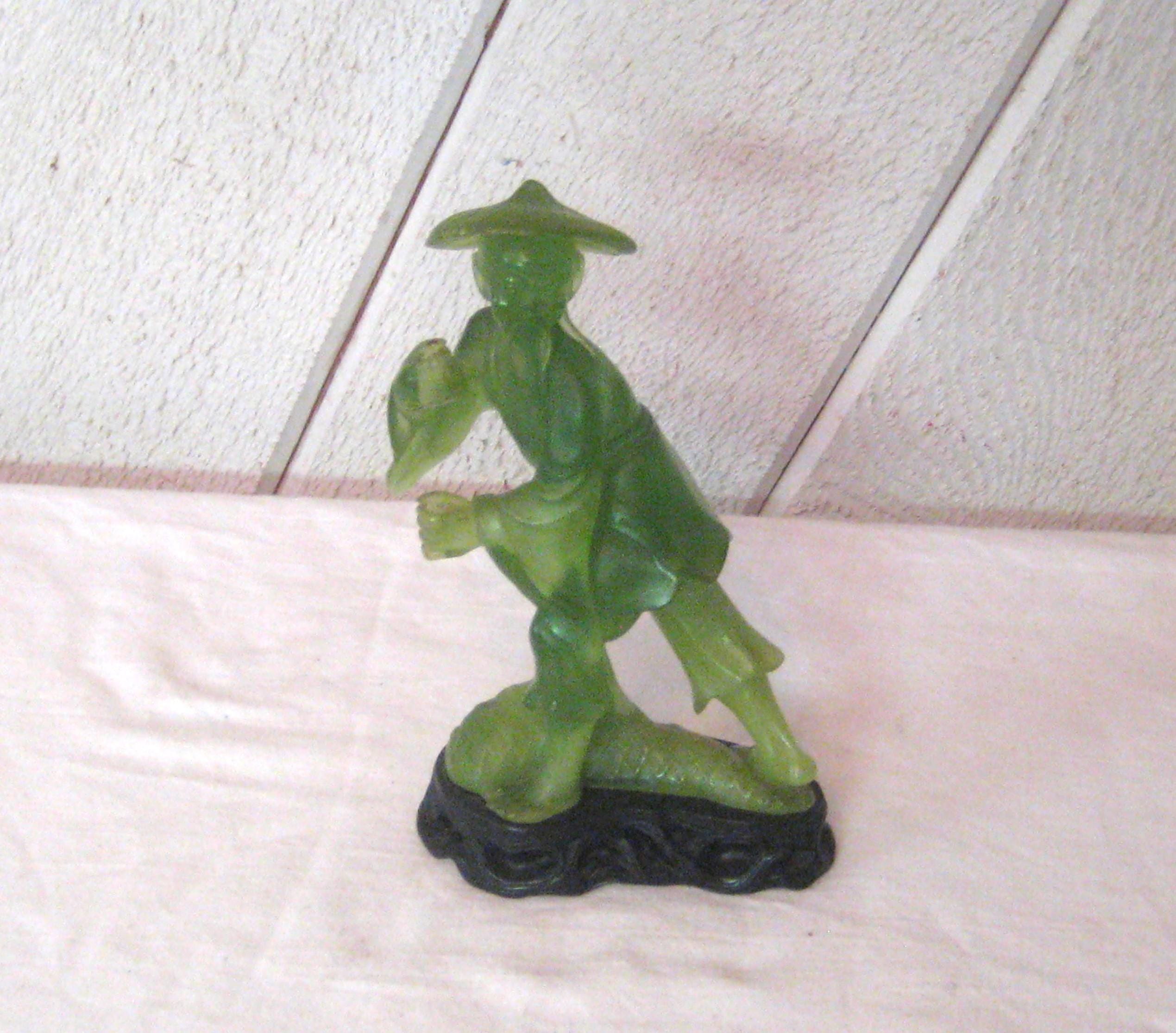 Vintage Green Glass Asian Man Figurine, Old Chinese Man Jade