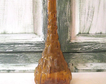 Antique amber stretch vase, tall Genie bottle, missing stopper, mid century empoli brown bottle, made in Italy, 40s 50s art glass