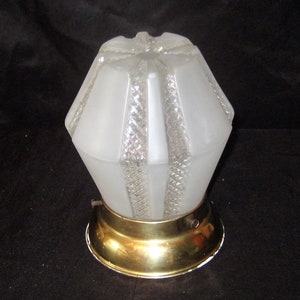 Vintage MCM ceiling light pendent, frosted glass globe, brass base, mid century modern lamp, 1960s, geometric