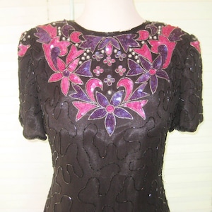 Vintage black sequined formal dress, 80s Leslie Fay, party dress, pink purple sequins, evening dress, cocktail dress, medium to large