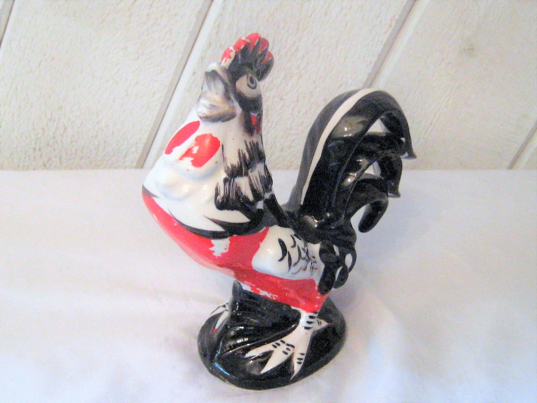 Vintage Rooster Statue, Red, Black and White Rooster Figurine, Rustic