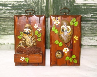 Vintage pair of wood owl plaques, carved wood painted rocks, owl babies, 1970s, petite wall hanging decor, brown hand painted, unique