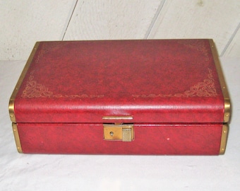 Dark Red, gold jewelry box, baroque jewelry box, burgundy velvet interior, Farrington, made in USA, mid century, 1950s, wood, fabric, metal