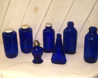 Vintage cobalt blue glass jars, Milk of Magnesia, dark navy blue lidded bottles, salt shaker, large storage collectible 50s 60s, mid century