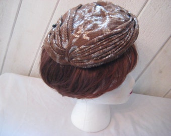 Brown, silver metallic beret turban hat, formal beanie mini church Sunday hat, 40s 50s hat, Hollywood glam, Gami Creation, MCM mid century