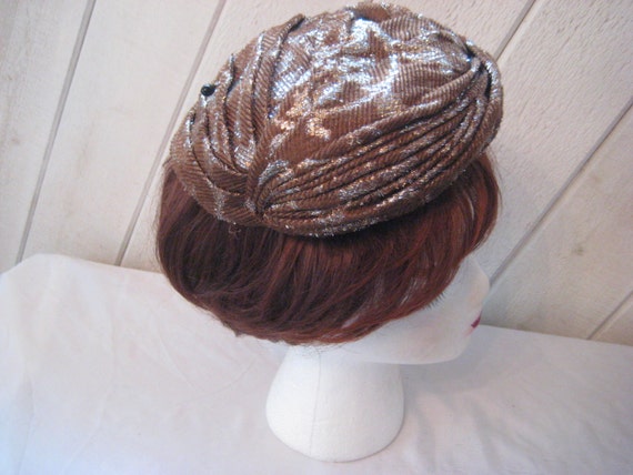 Brown, silver metallic beret turban hat, formal b… - image 1