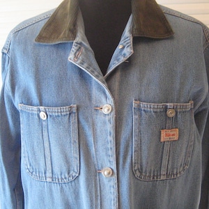 Vintage blue jean jacket, worn distressed jean barn coat, 1980s, olive green corduroy collar, size medium fall spring coat lightweight