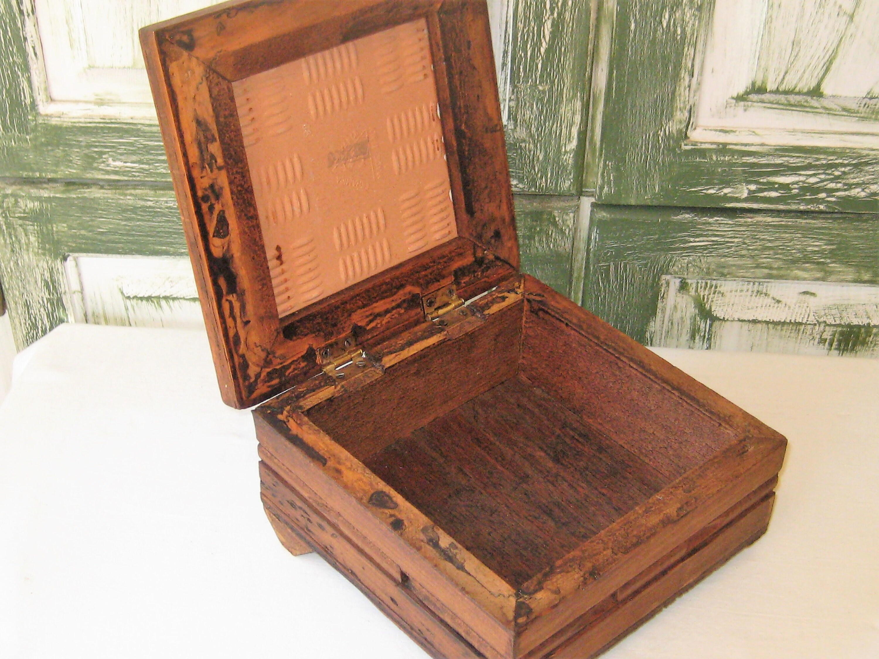 Vintage Wood Box Ceramic Clay Tile Hinged Lid, Rustic Primitive