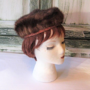 Vintage real mink fur pill box hat, mini genuine brown fur winter hat, formal church hat, mid century 40s 50s