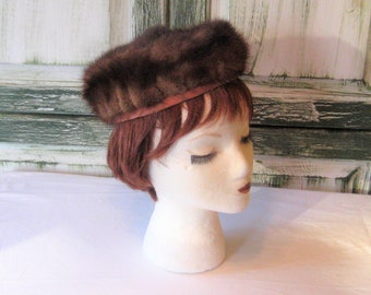 Vintage real mink fur pill box hat, mini genuine brown fur winter hat, formal church hat, mid century 40s 50s