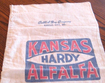 Antique cotton feed sack, vintage advertising, Central Bag Co., Kansas City Mo., hardy alfalfa, mid century 40s 50s