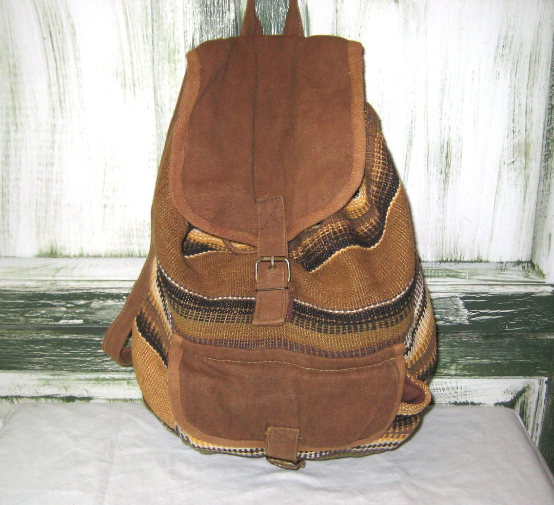 Vintage Brown Cotton Backpack, Striped Yellow Beige Black Avocado Green ...