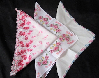 Collection of 3 womens handkerchiefs, pink white floral ladies hankies, pink roses tulips, decorative, Victorian, crochet trim, mid century