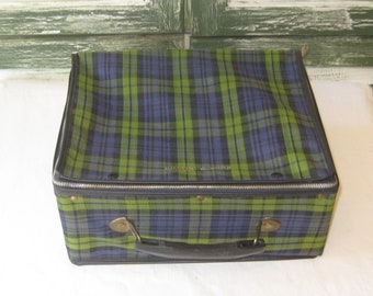 Vintage tartan plaid suitcase, small luggage carry on overnight bag, cobalt navy blue avocado green, vinyl covered box with handle, 70s 80s