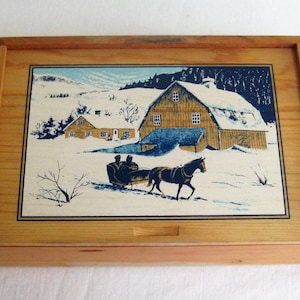 Vintage wood cheese box, sliding lid, lidded box, snow winter scene barn horse drawn sleigh, beige blue, raw wooden box, rustic primitive