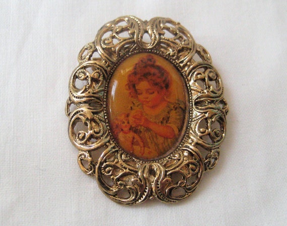 Vintage oval silver tone filigree brooch, orange … - image 2