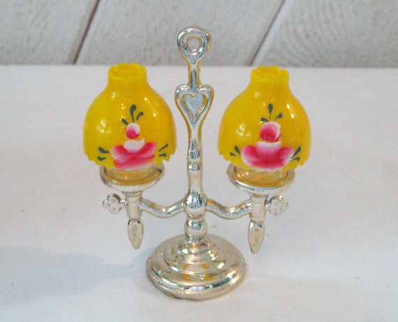 Antique salt and pepper shakers, NOS, in original box, mid century 50s, miniature lanterns, silver tone metal yellow pink, collectible S & P