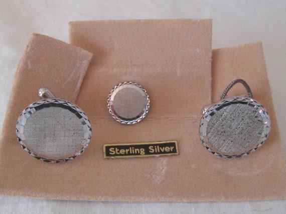 Vintage sterling silver round cuff links tie clip… - image 8