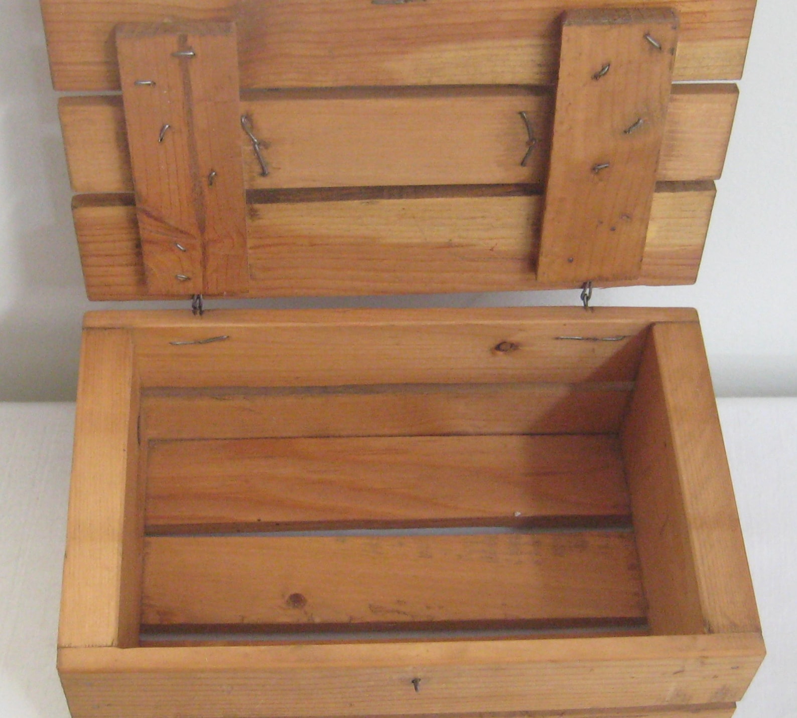 Wood Slat Box With Hinged Lid Wire Top Handle Latch Wooden Etsy