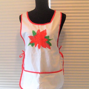 Vintage top half Christmas apron, red applique poinsettia, white green leaves, red binding trim, 60s 70s, vintage Christmas decor, S M