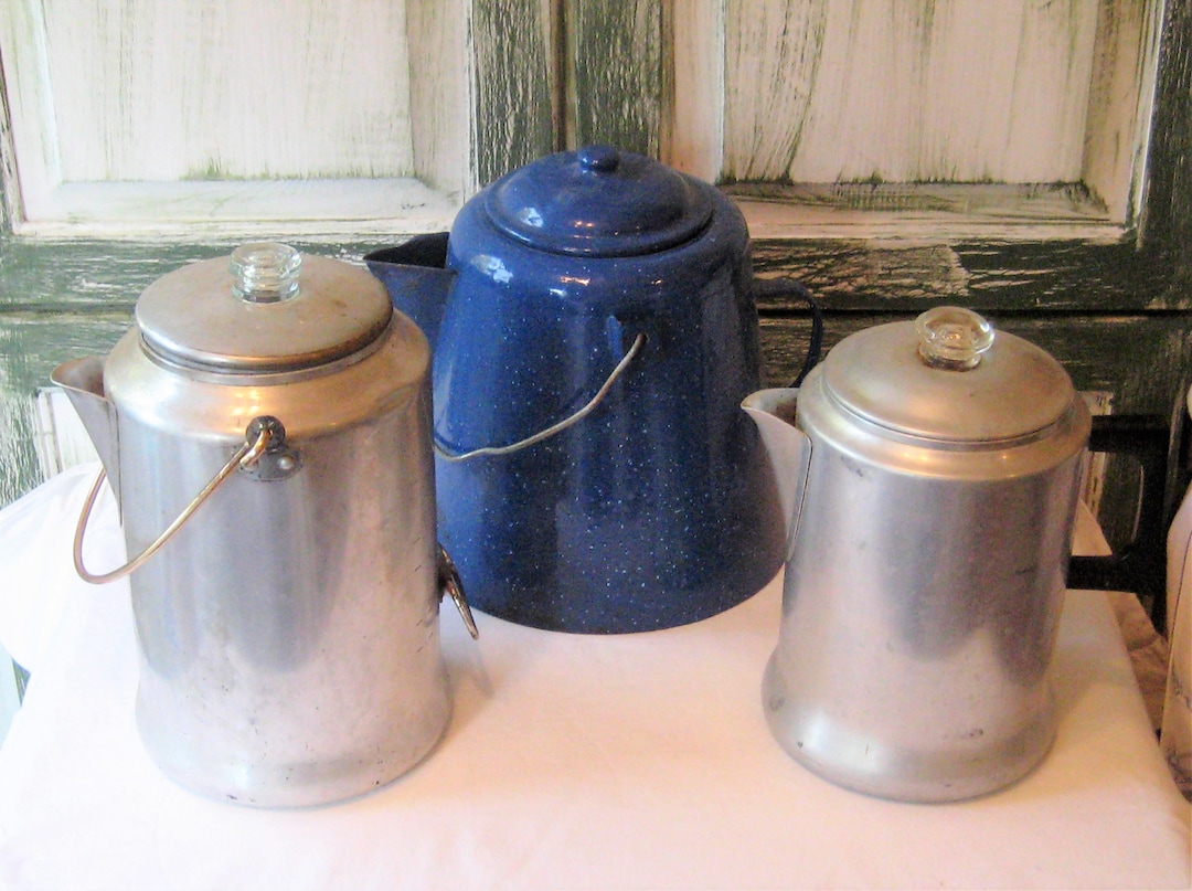 Vintage Coffee Pot Peculator, Lightweight Aluminum, Blue Enamel Large