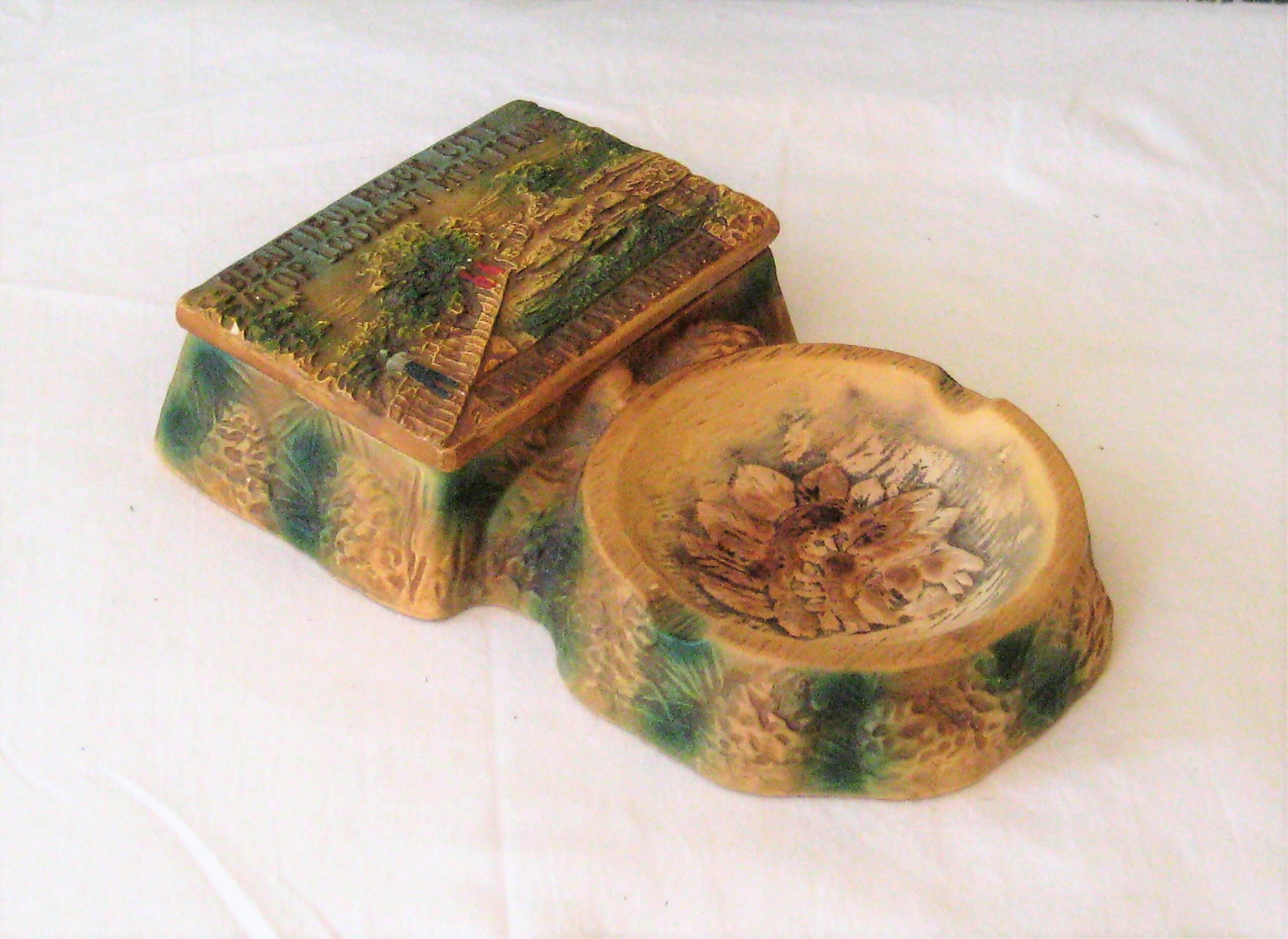Antique ceramic ashtray, souvenir of Lookout Mountain Tennessee, Rock City Swing Along Bridge, Native American Indian Chief, mid century