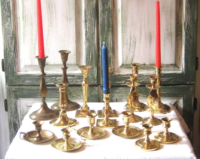 Vintage Brass Candlestick Holders, 70s 80s, Gold Metal Taper Candle Holders, Short Tall Heavy