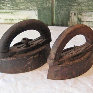 Antique sad iron, cast metal, wood handle, made in USA, rusty cast iron, laundry room decor, rustic primitive, doorstop bookend, early 1900s