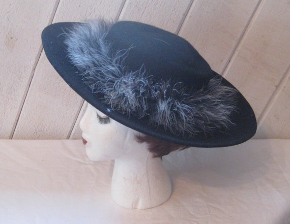 Wide brim black wool hat with ostrich feathers, t… - image 1