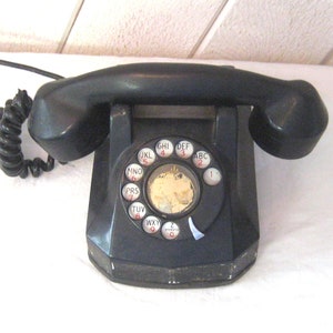 Antique black telephone, MCM bakelite rotary phone, mid century modern, 1940s, made in USA, movie prop display item, Automatic Electric Co