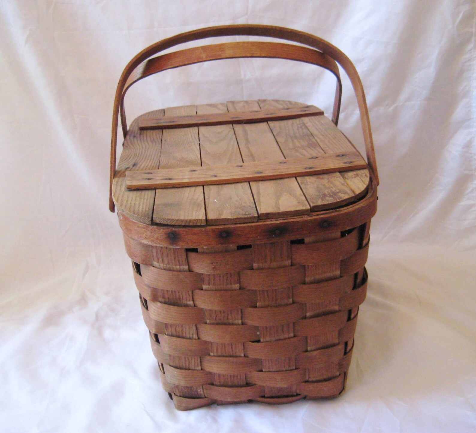 Woven Wood Picnic Basket Wooden Food Basket Mid Century Etsy