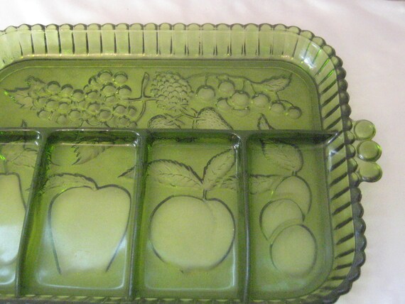 Vintage Green Glass Divided Tray, Glass Platter, Scalloped Edge