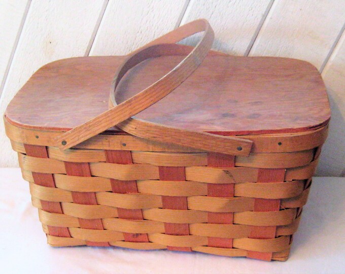 Vintage Wooden Picnic Basket Woven Wood Picnic Basket Hinged Etsy