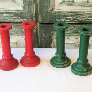 Vintage red or green wood candlestick holders, wooden spools, vintage Christmas decor, 80s 90s, taper candle holder