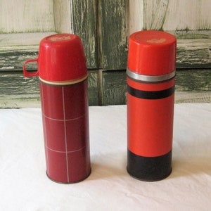 Antique cranberry red or orange thermos, MCM mid century made in USA, glass insulator one pint, Revelation Aladdin Thermos 50s 60s metal