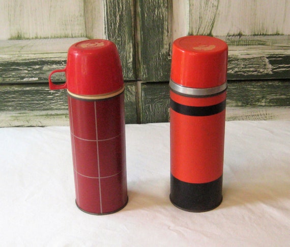 Antique Cranberry Red or Orange Thermos, MCM Mid Century Made in USA, Glass  Insulator One Pint, Revelation Aladdin Thermos 50s 60s Metal 