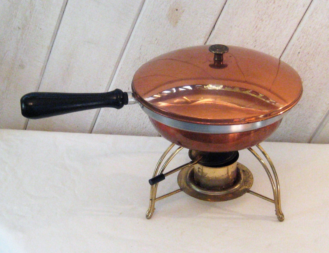 Antique Hammered Aluminum Frying Boiler Pan With Copper Lid Bowl, Over
