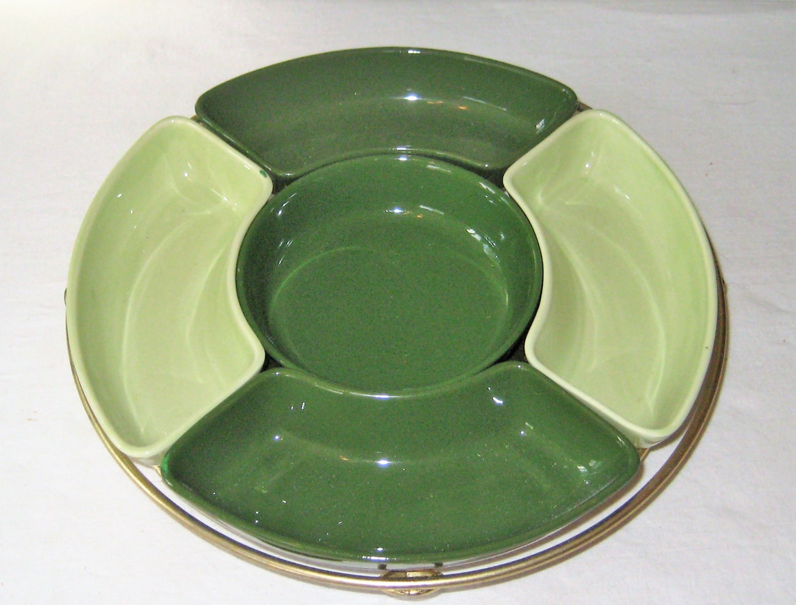 Petite Ceramic Relish Divided Bowls Condiment Tray Brass Etsy