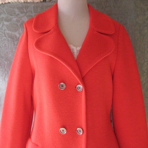 Bright red Wool knit coat, orange red double breasted 60s womens coat, lightweight coat, minimalist, medium