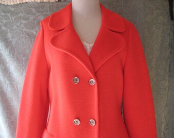 Bright red Wool knit coat, orange red double breasted 60s womens coat, lightweight coat, minimalist, medium