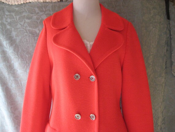 Bright red Wool knit coat, orange red double breasted 60s womens coat, lightweight coat, minimalist, medium