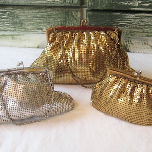 Antique mesh handbag gold silver metallic small bag, Whiting & Davis Co. coin purse, ornate decorative top chain handle bag formal evening