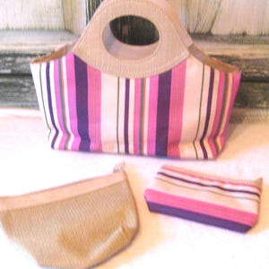 Bolso vintage de lona con asa superior y dos neceseres a juego, en tonos violeta y beige a rayas, bolso de mano NOS de Estee Lauder de los años 70