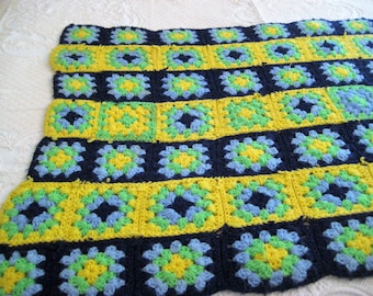 Navy blue yellow afghan, vintage handmade geometric square floral afghan, lap blanket cover throw mid century 50s 60s, hand done, bohemian