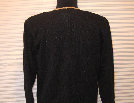 Vintage black cardigan sweater, metallic gold tri… - image 5