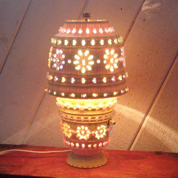Vintage handmade table lamp, accent lamp night light, vanilla tiny beads, 70s 80s, OOAK, ornate decorative glass pastel beads