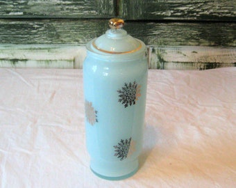 Vintage ice blue gold glass jar, gold snowflakes, lidded jar, bathroom bedroom storage, 1970s, decorative