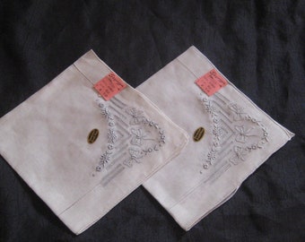 Collection of 2 womens handkerchiefs, white with gray embroidery, made in Switzerland, embroidered ladies hankies, NOS mid century 50s 60s